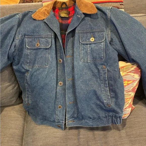 Eddie Bauer Men’s L flannel lined denim jacket sz Large Tall - Picture 2 of 4